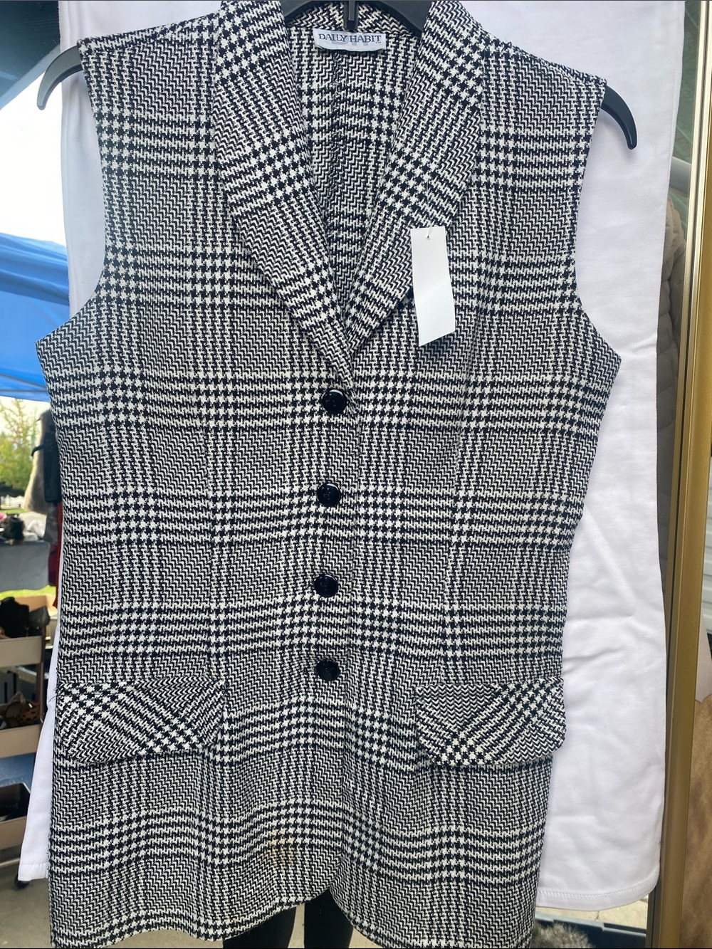 Black and White Glen Plaid Wool-Blend Vest Blazer